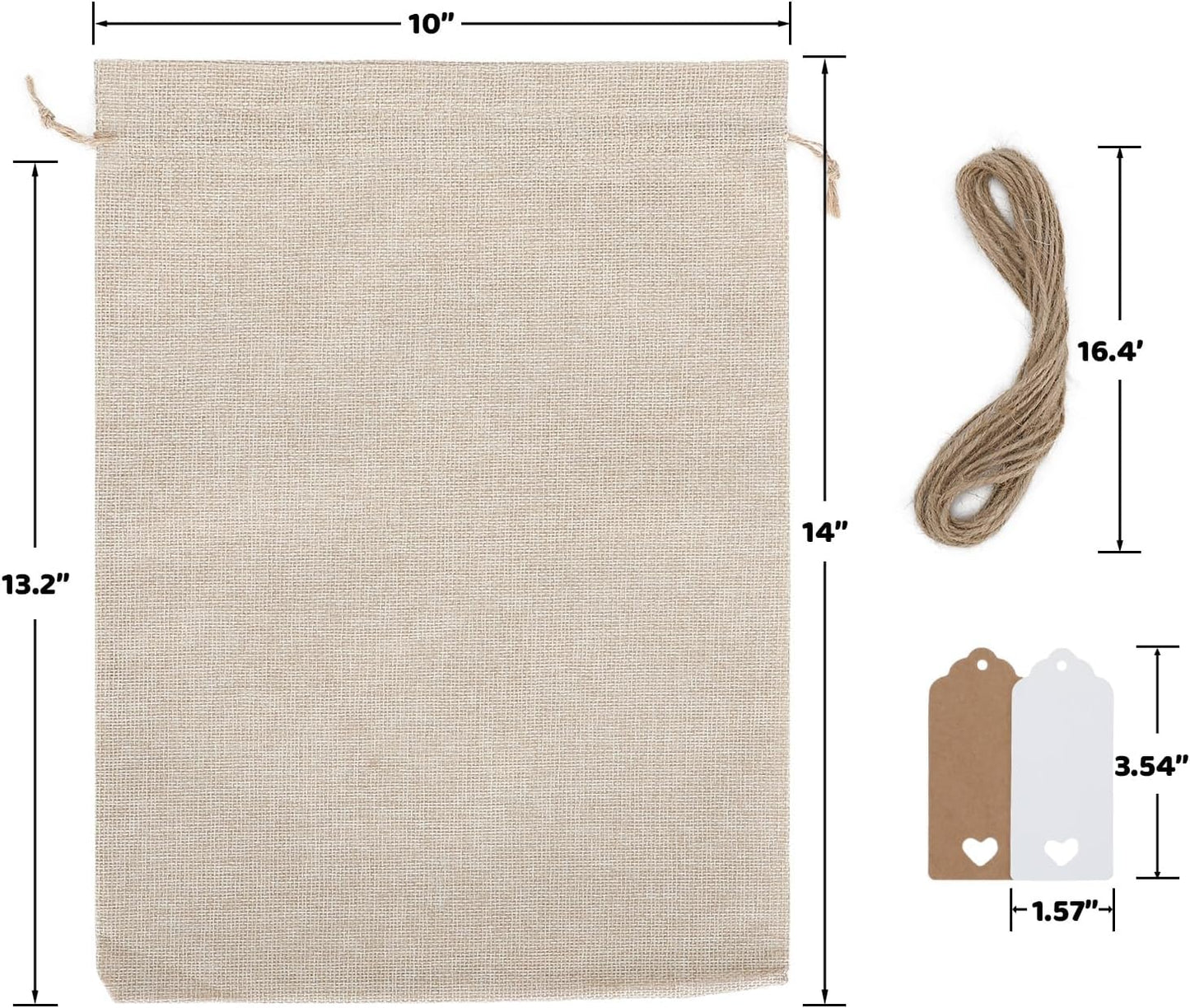 Tapleap Burlap Gift Bags with Drawstring - 10Pcs 10x14 Original Sacks with String and Tags for Wrapping Halloween Favors, Clothes, Toiletries, Breads, For Birthday, Wedding or Household Use