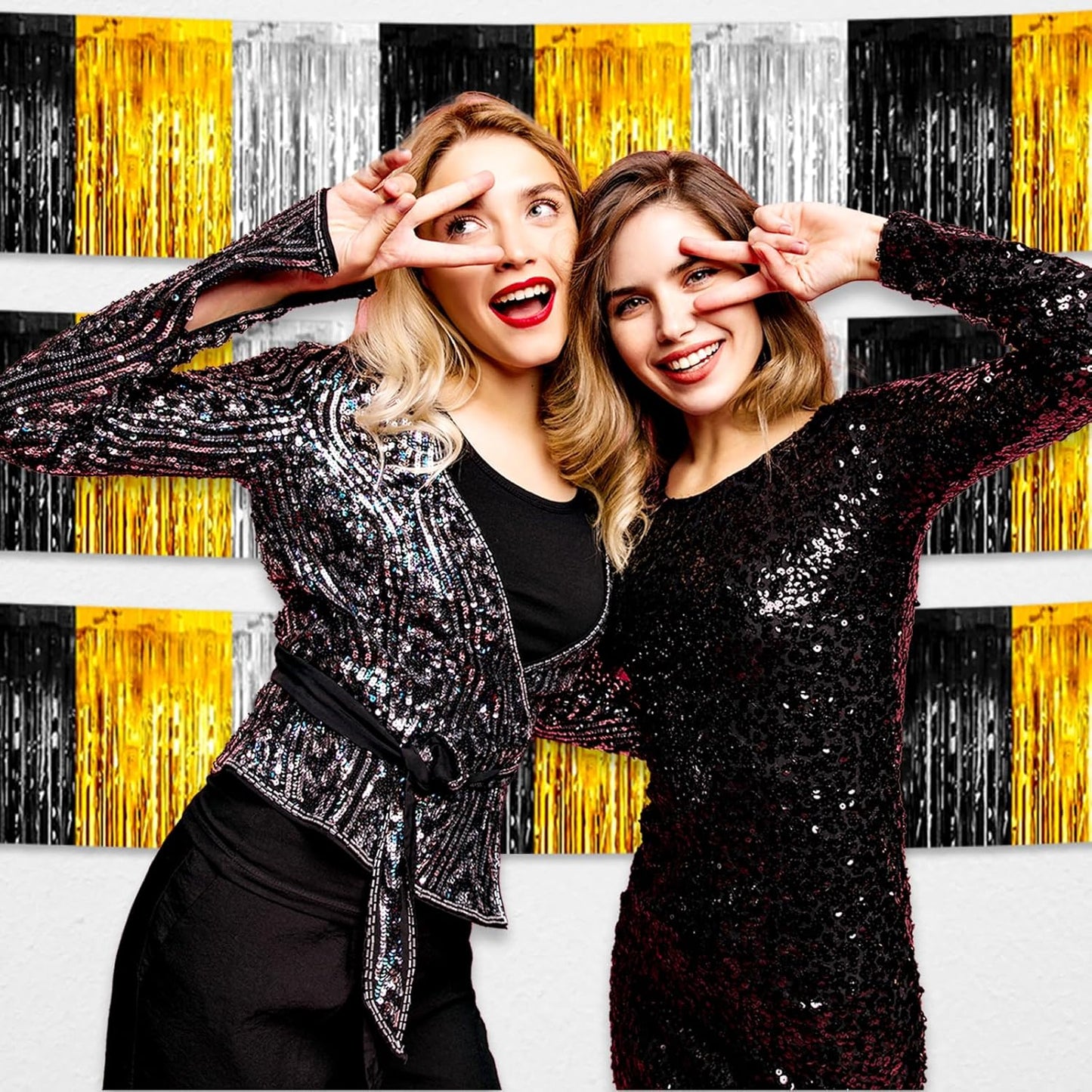 6 Pack 10 Feet Black Gold Silver Foil Fringe Garland Metallic Tinsel Streamers Banner Wall Hanging Curtain Backdrop for Parade Floats, Birthday, Graduate, Mother's Day, Wedding Party Decoration