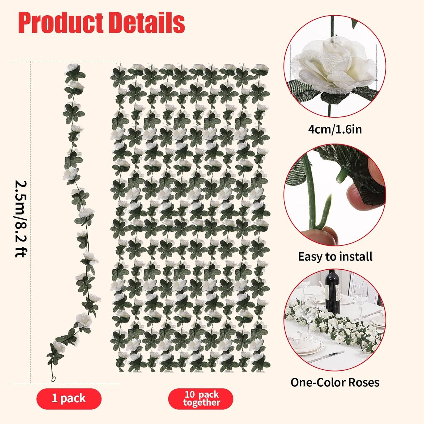 10 Pcs 82FT Flower Garland, Artificial Rose Garland Flowers Plants Fake Flower Hanging Rose Ivy, Birthday Party Valentine's Day Wedding Wall Arch Decor（White）