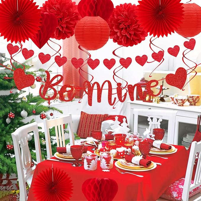 Valentines-Day Decorations Red-Heart Streamers Galentines-Decor - 22pcs Be Mine Love Banner,Paper Lanterns Honeycomb Balls,Tissue Pom Poms Flowers Fans, Happy Anniversary Backdrop Hugmoon