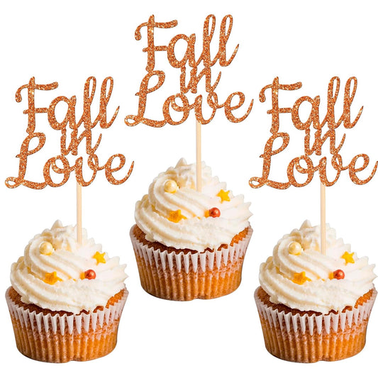 24 PCS Fall in Love Cupcake Toppers Glitter Fall Theme Bridal Shower Cupcake Picks for Autumn Wedding Engagement Anniversary Birthday Party Cake Decorations Supplies Orange