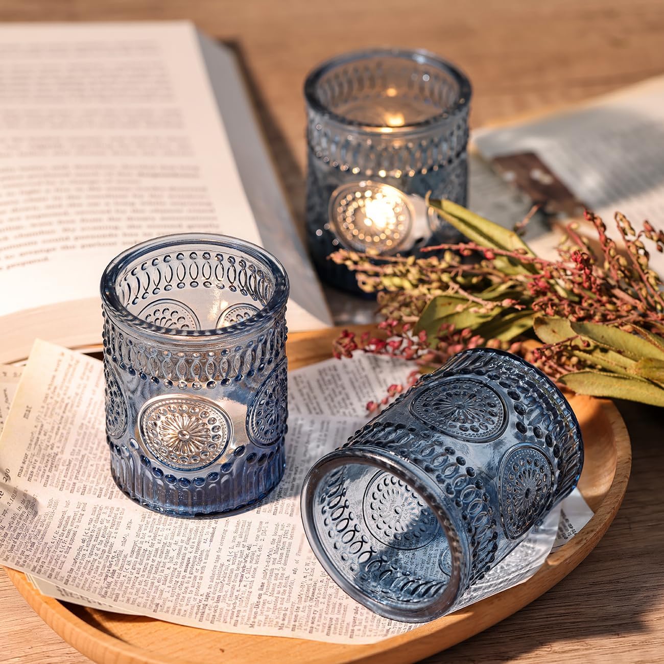 DARJEN Blue Votive Candle Holders Set of 36- Glass Candle Holders Bulk for Tea Light Candle, Embossed Candle Votives for Wedding Centerpiece, Living Room & Home Table Decor