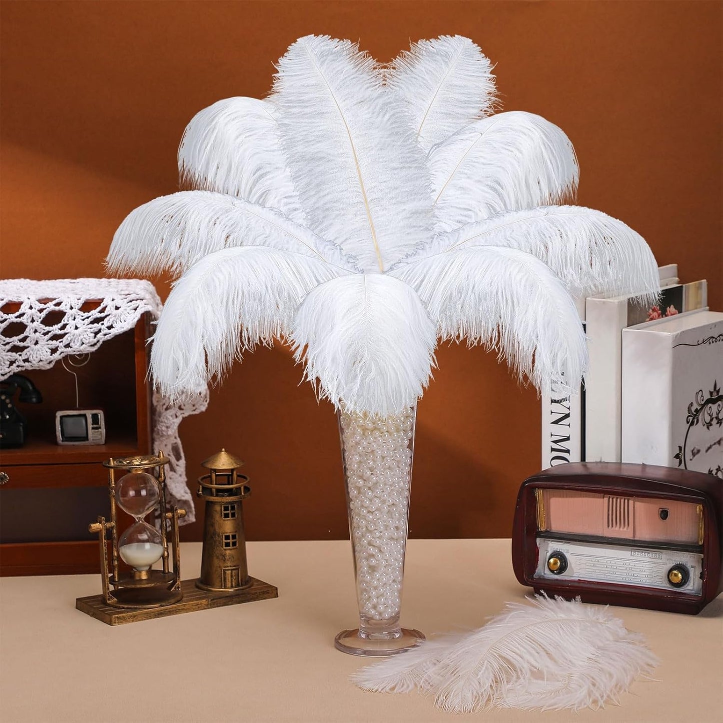 6 Sets Wedding Table Centerpiece Accessories Including 159 Pieces Natural Ostrich Feather Bulk Plastic Vases and Beads Necklaces for Wedding Home Party Centerpiece Supplies(White)