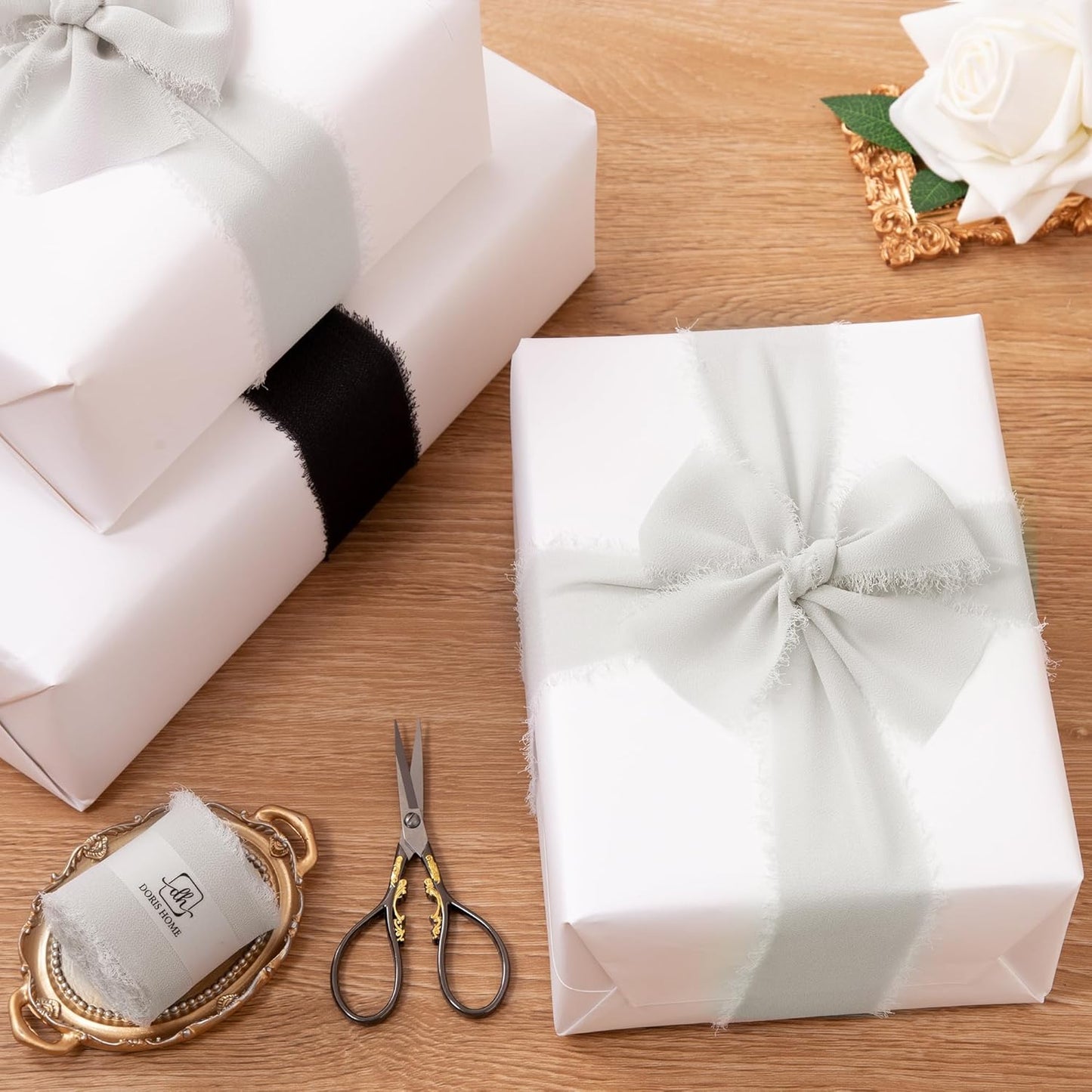 DORIS HOME Light Grey Chiffon Ribbon for Flower Bouquet, 2" x21Yd Fabric Ribbon for Gift Wrapping, Handmade Frayed Ribbon for Wedding, Chiffon Silk Ribbon for Christmas Decorations