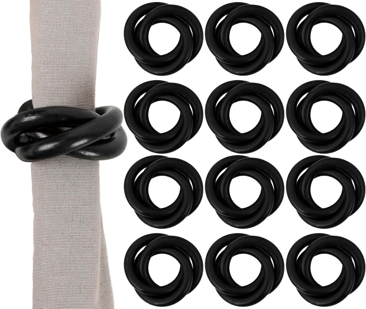 Three Ring Wooden Napkin Rings Set of 12 - Acacia Wood Interlocked Napkin Holder Cuffs for Dinner Table Décor - Rustic Modern Serviette Rings for Weddings, Parties, Receptions (Black) - CLEENTABLE