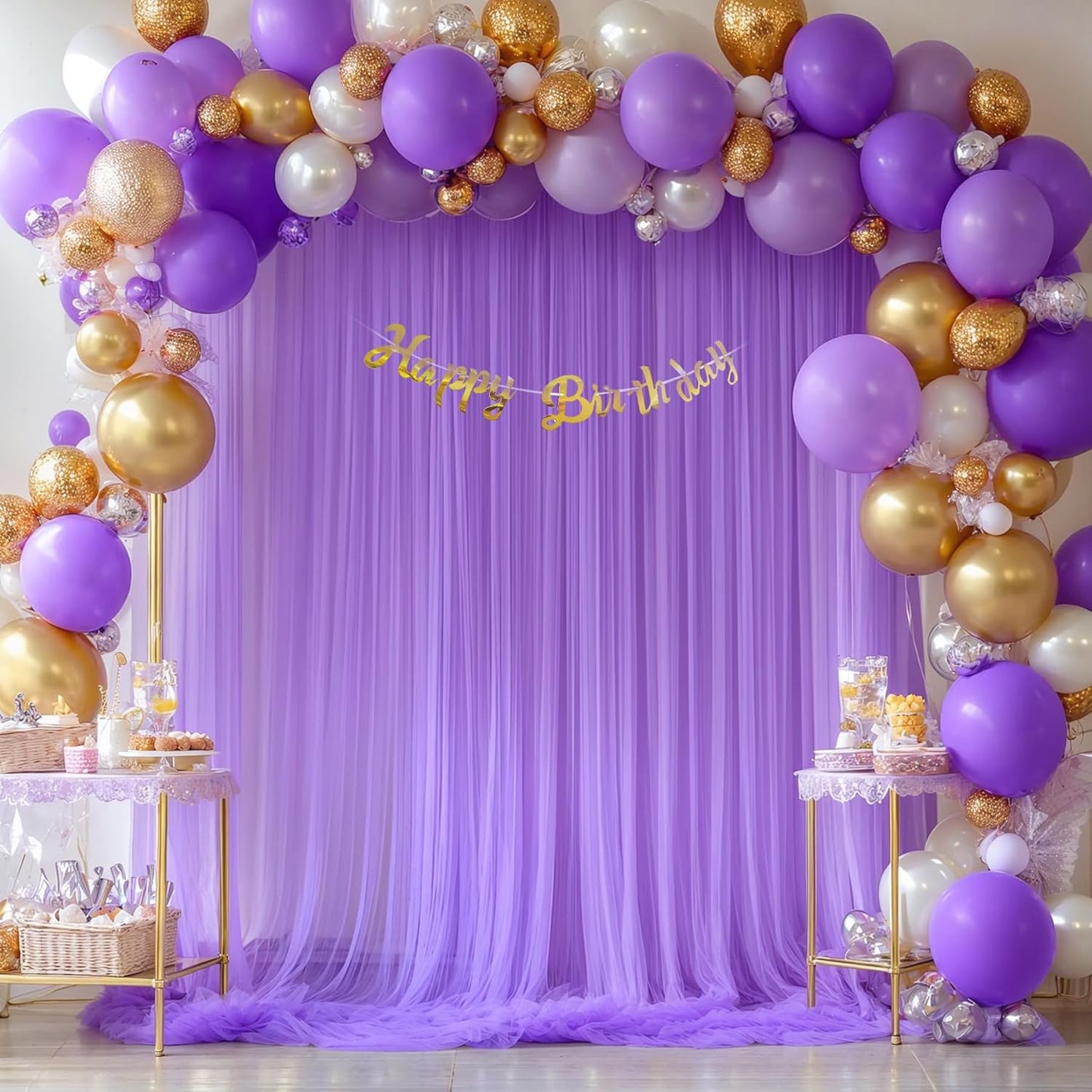 Purple Tulle Backdrop Curtain for Baby Shower Girls Birthday Party Purple Sheer Backdrop Drapes for Wedding Reception Photoshoot Elephant Theme Background Decorations 2 Panels 5 ft X 8 ft