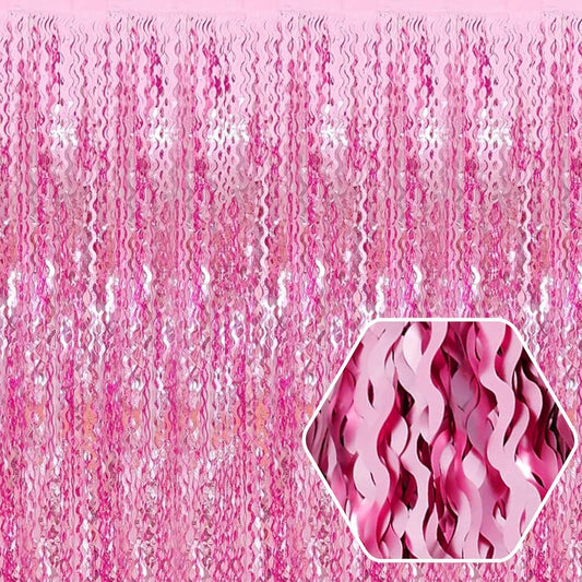 4 Pack Pink Wave Foil Fringe Curtain Backdrop, 3.28Ft x 8.2Ft Metallic Tinsel Foil Fringe Streamer Curtains for Photo Booth, Mother's Day, Easter, Birthday, Wedding Party Decoration