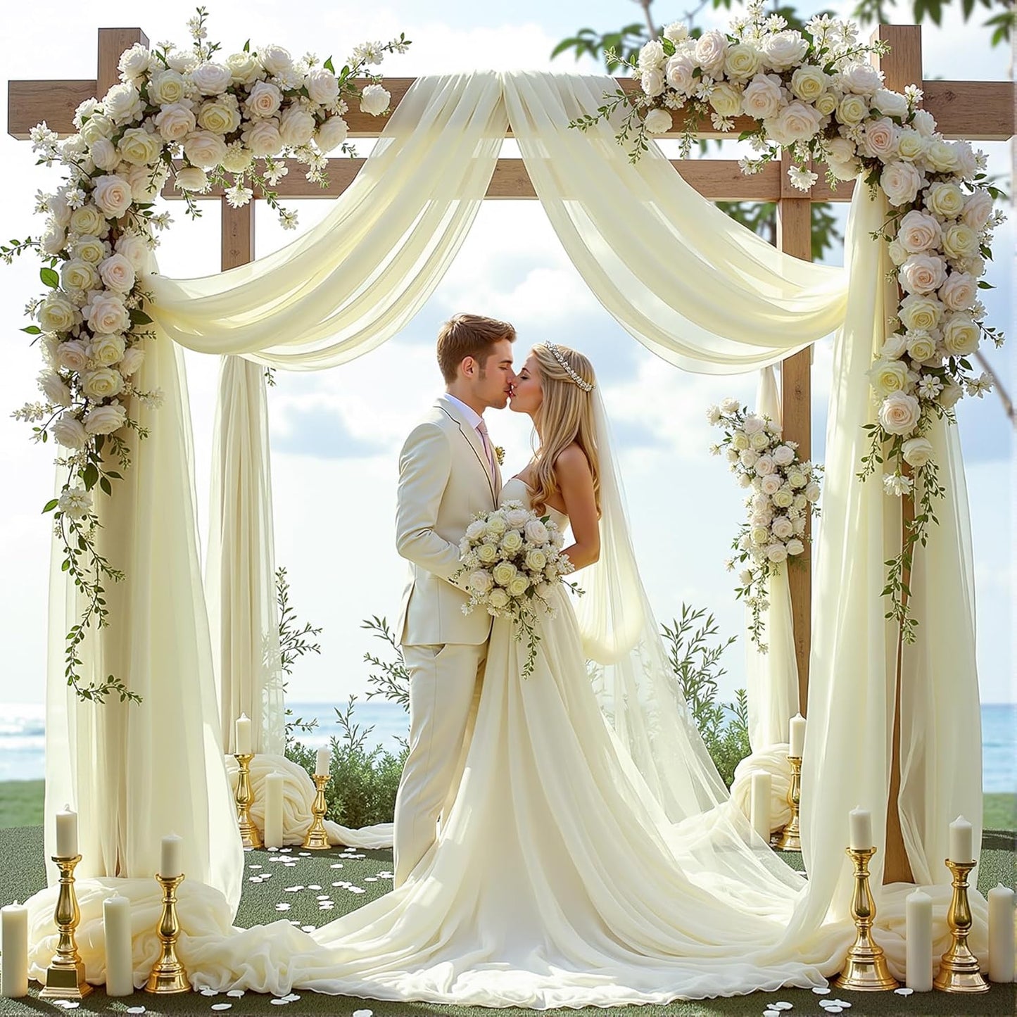 PARTISKY Wedding Arch Draping Fabric, Ivory Sheer Backdrop Curtain Chiffon Fabric Drapery for Ceremony Reception Party Ceiling Backdrop (Ivory Drapes Curtain, (1 Panel) 6 Yards/18ft)