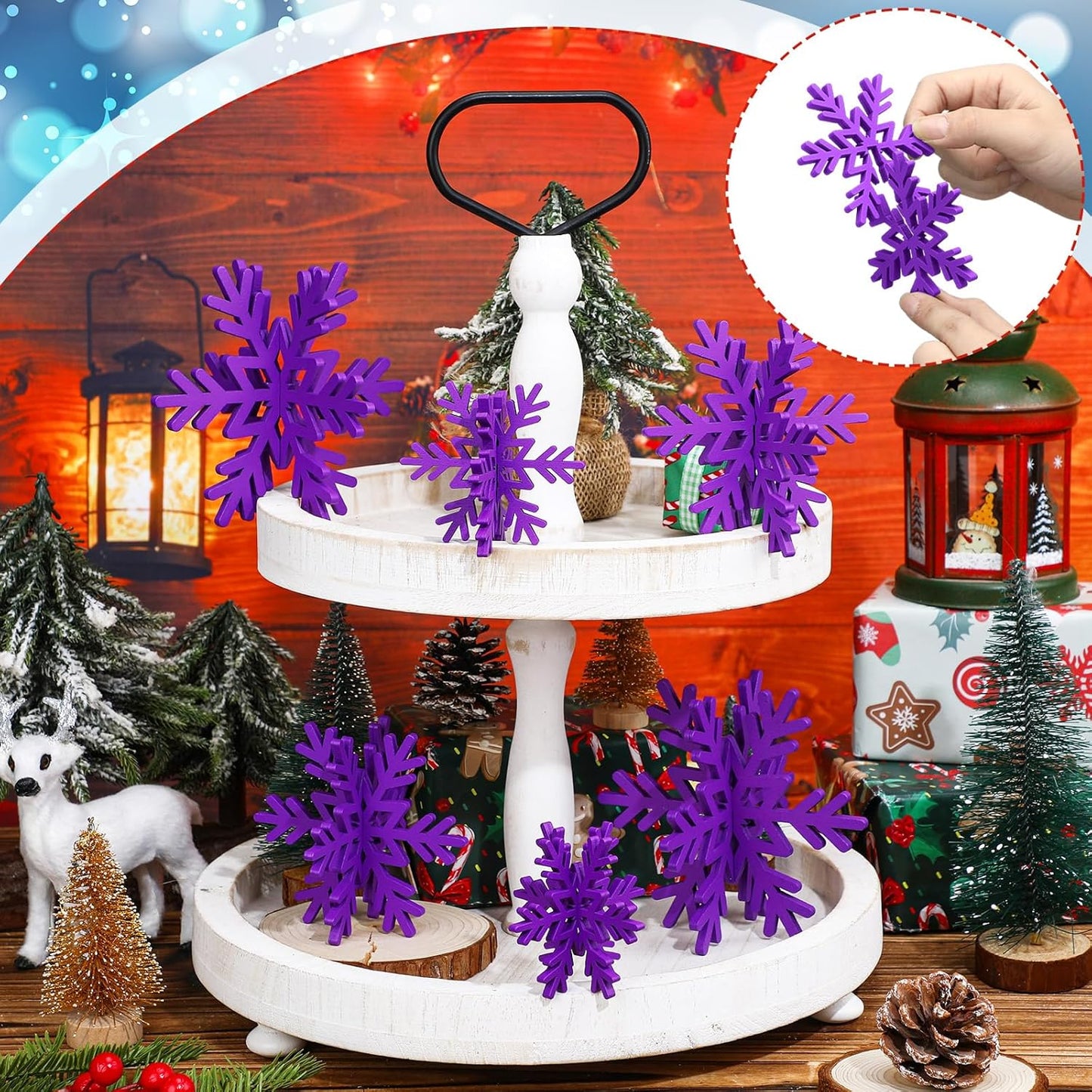 Bucherry 12 Pcs Wooden Snowflake Table Decor 3D Snowflake Tabletop Signs and Centerpiece for Christmas Xmas Winter Wonderland Decorations Home Party(Purple)