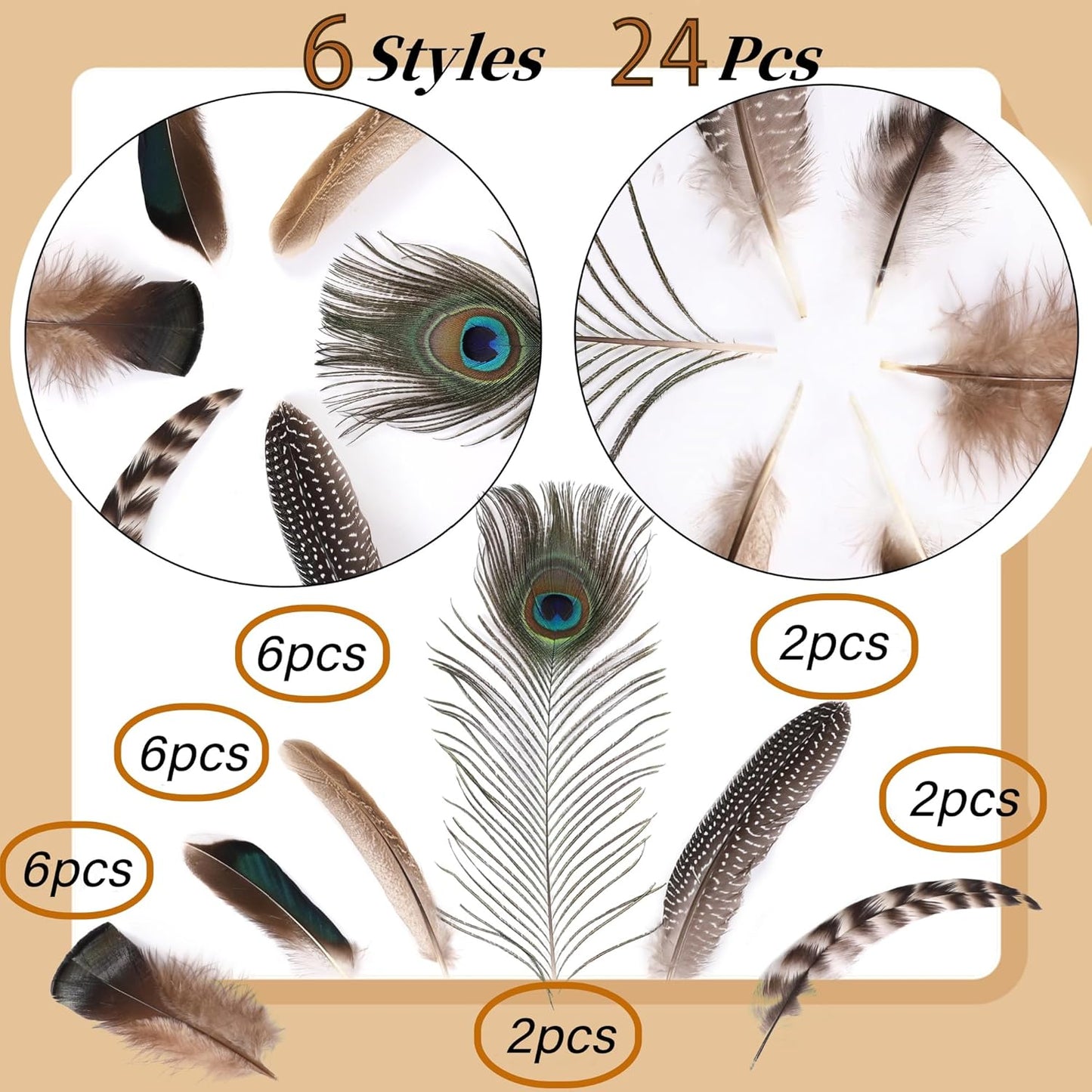Holmgren 24pcs Natural Feathers Bulk - 6 Styles Assorted Peacock, Pheasant, Turkey Feathers for Craft DIY Jewelry Hat Wedding Home Party Decoration