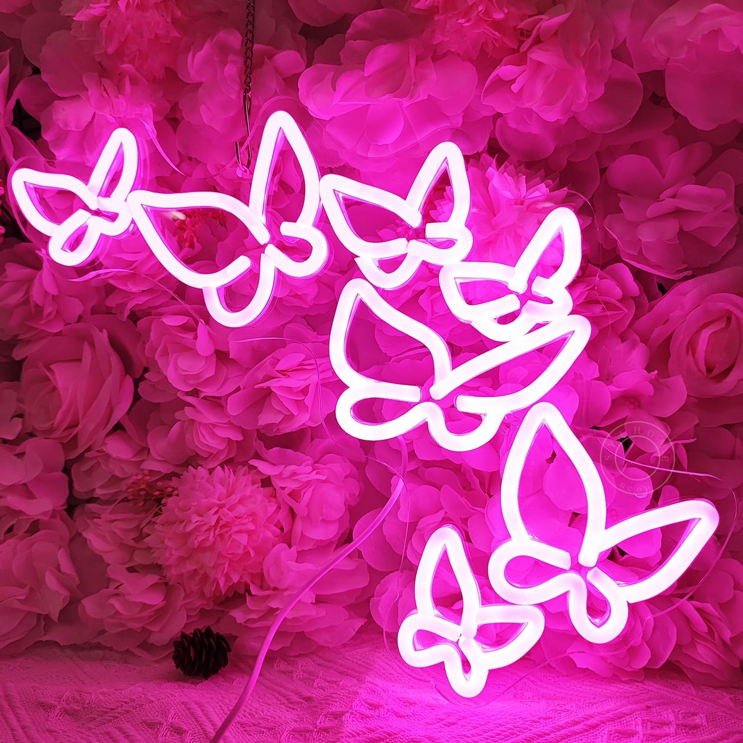 SYLHOME Pink Butterfly Led Neon Light Sign Girls Bedroom Kids Room Beauty Studio Living Room Wedding Birthday Christmas Party Light Up Sign 16.5" X 8.9" USB