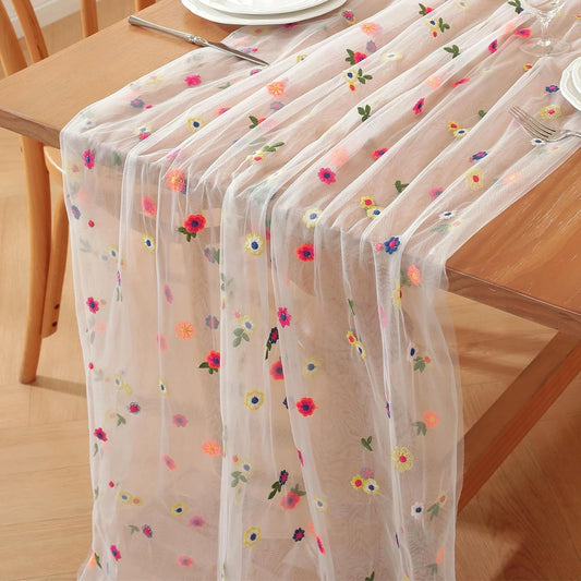 Champagne Embroidery Daisy Fall Table Runner 120Inch 10FT Florals Soft Sheer Tulle Fabric Table Runner for Home Decor, Brithday, Wedding, Baby Shower ,Holiday ,Parties, DIY Craft,1PC