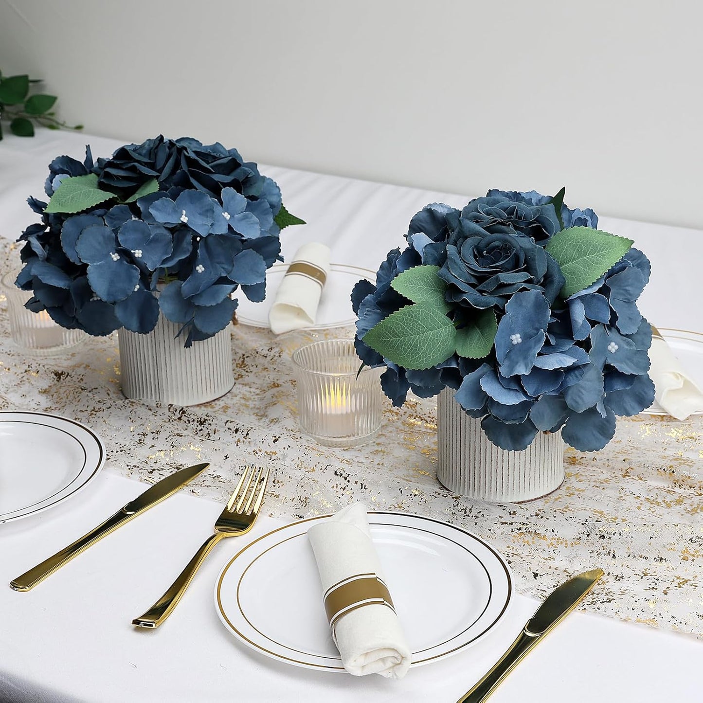 Flower Table Centerpieces - Set of 6 Floral Arrangement Artificial Wedding Hydrangeas Floral Arrangement with Rustic Metal Vase for Bridal Tea Party Event Decorations - Deep Dusty Blue