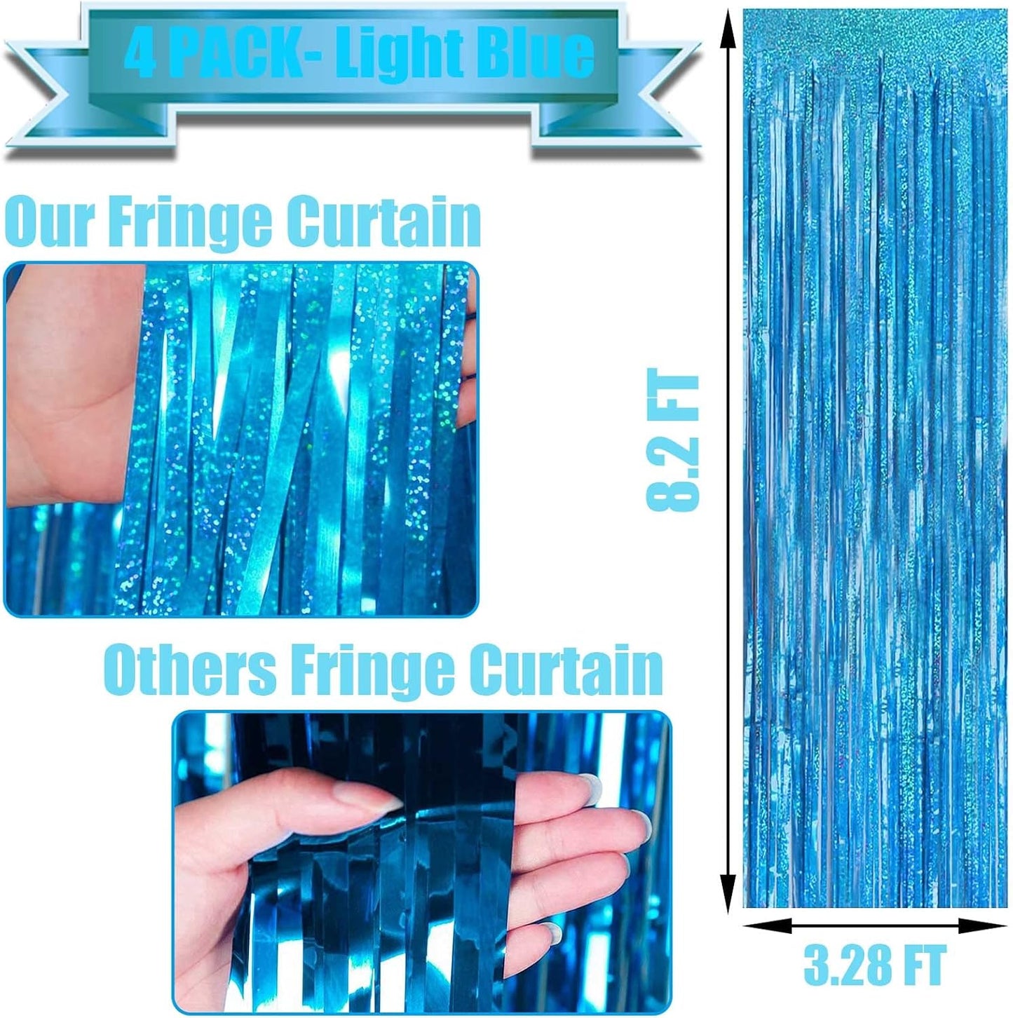 4 Pack Light Blue Tinsel Foil Fringe Curtain Backdrop, 3.28Ft x 8.2Ft Metallic Streamers for Photo Booth Props Wedding Bridal Shower Bachelorette Birthday Halloween Christmas Party Decoration