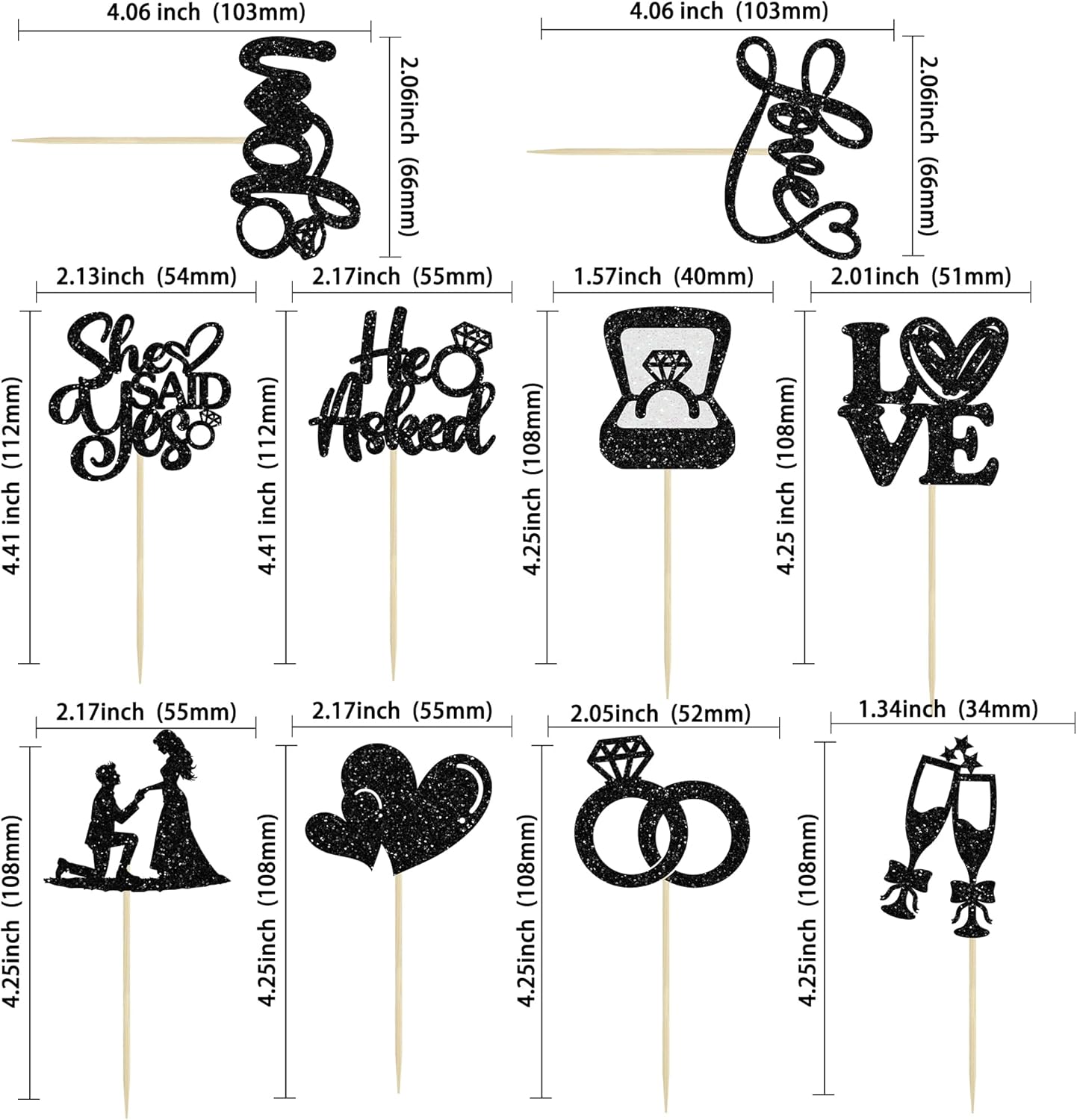 Ephlyn 30Pcs He Asked She Said Yes Cupcake Toppers Glitter Engagement Cupcake Toppers Diamond Ring Heart Love I Do Cupcake Picks for Engagement Wedding Party Cake Decorations Black