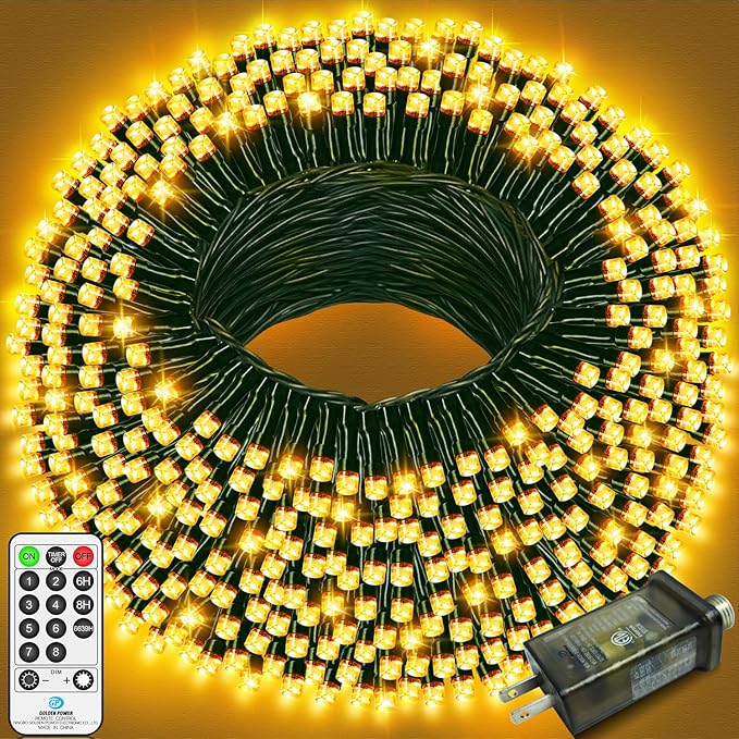 394 FT 1000 LED Christmas Lights Outdoor String Lights 8 Modes & Timer Fairy Lights Plug in Waterproof LED String Lights for Xmas Yard Tree Patio Wedding Holiday Party Decorations (Warm White)