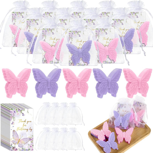 Dunzy 100 Sets Butterfly Theme Baby Shower Favors for Guests Butterfly Soap Favors with Thanks You Cards Gift Bags Gender Reveal Baptism Party Decorations Wedding Bridal Souvenirs (Purple,Pink)