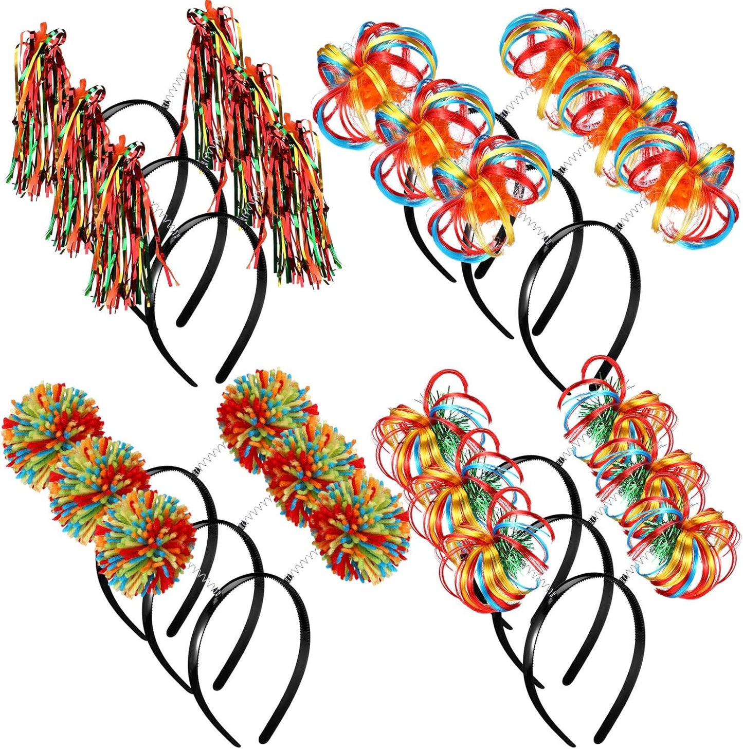 Censen 12 Pcs Halloween Pom Pom Party Headbands Tinsel Ponytails Spirit Head Bopper Headwear for Christmas Birthday Holiday