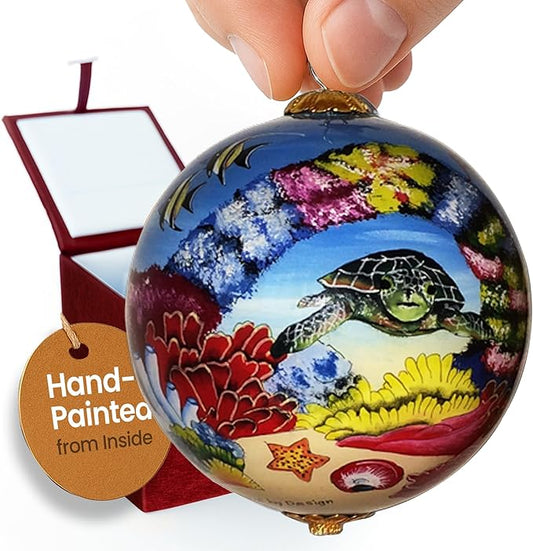 Collectible Hawaiian Sea Turtles Ornament Collectible, Hand Painted from Inside The Glass TA/M