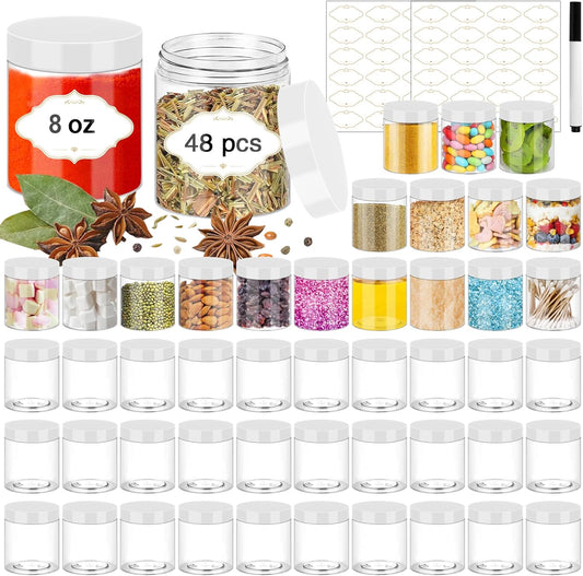 8 OZ Plastic Jars, 48 Pcs Clear Plastic Jars with Lids Stackable Leakproof Storage Containers Jar Clear Empty Slime Containers with White Lids for Kitchen and Household Food Storage