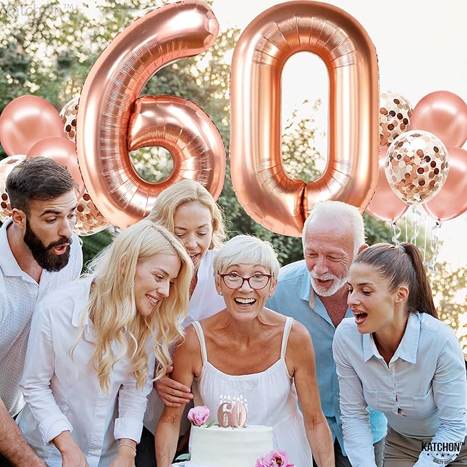 KatchOn, Big Rose Gold Number 60 Balloon - 40 Inch | Mylar Foil 60 Balloon Numbers For Happy Birthday Decorations | Number Balloons With Confetti For Anniversary Decorations | Birthday Party Supplies