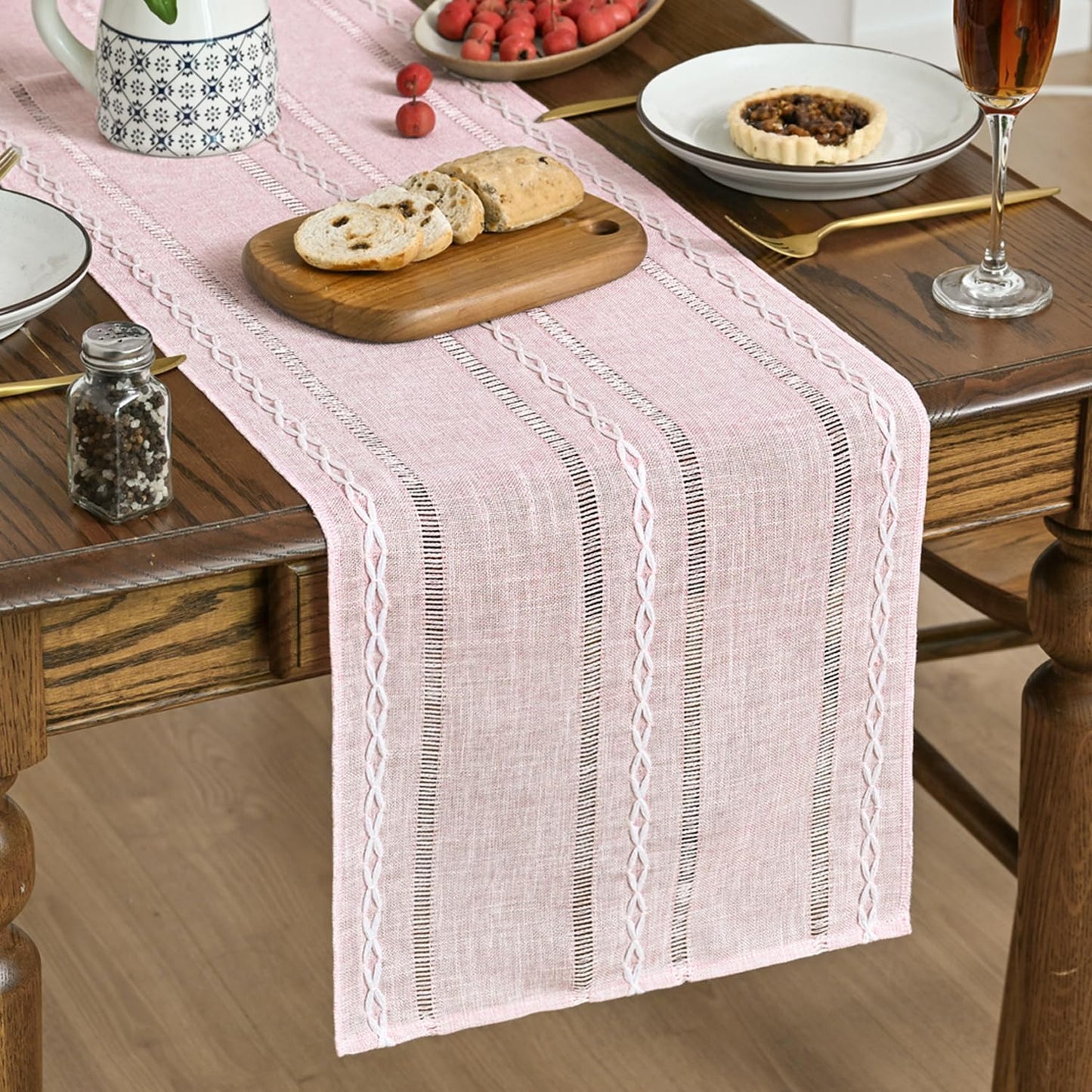 Artoid Mode Pink Rustic Cotton Linen Table Runner, Seasonal Embroidered Hollow Kitchen Dining Table Decoration for Home Party Decor 13x72 Inch
