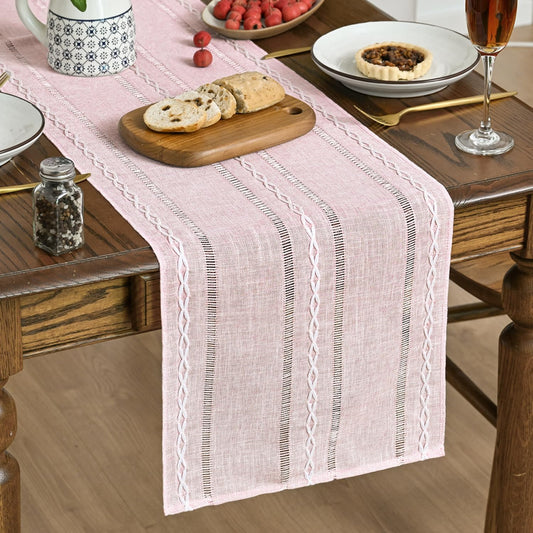 Artoid Mode Pink Rustic Cotton Linen Table Runner, Seasonal Embroidered Hollow Kitchen Dining Table Decoration for Home Party Decor 13x90 Inch