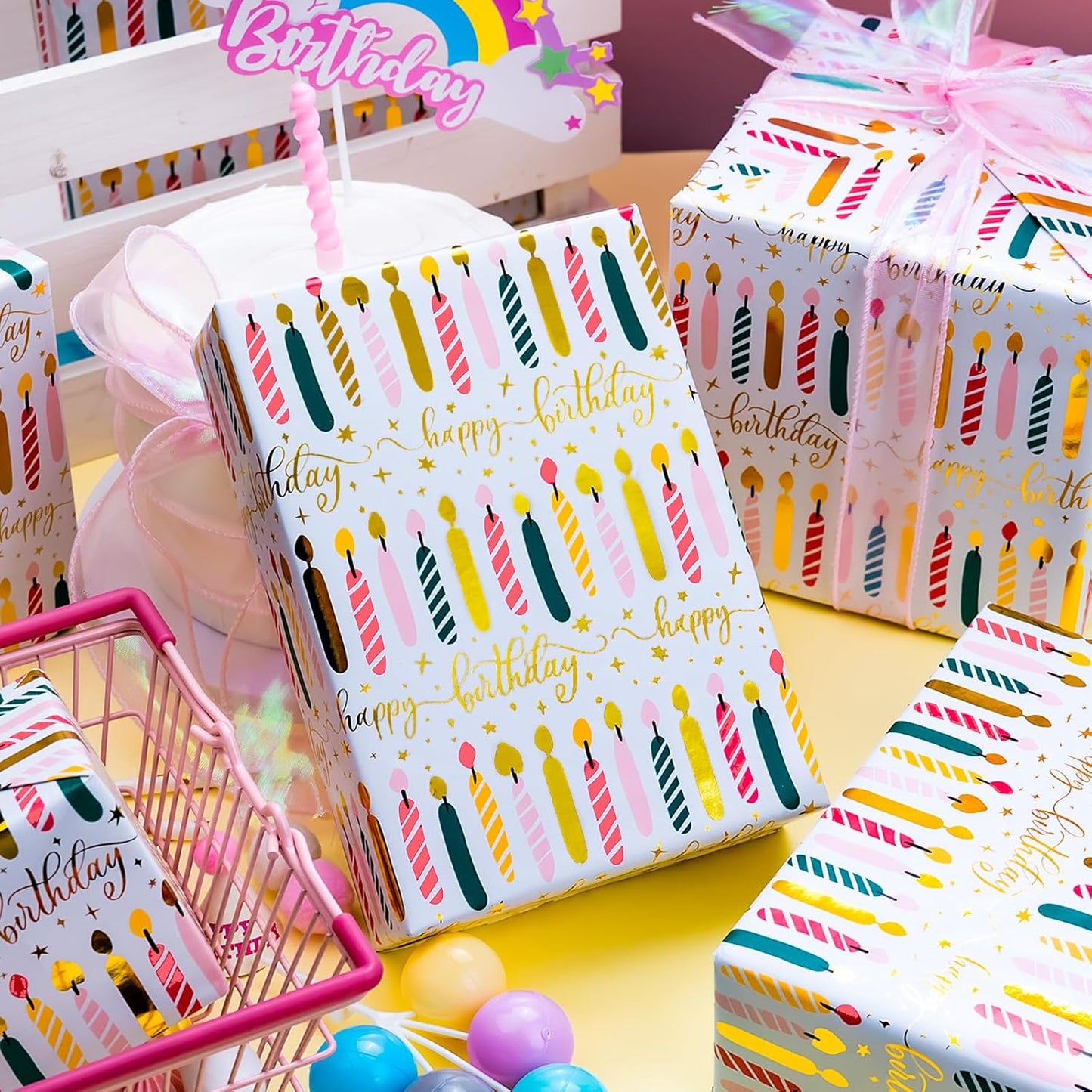 Yarcony Birthday Candle Wrapping Paper Roll - 17Inch X 33Feet - Elegant Rainbow Gold Foil Candles Gift Wrap Paper for Girl's Birthday, Christmas, Holiday, Party and Sophisticated Celebration