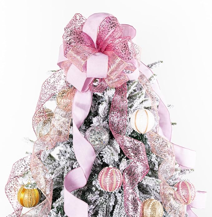 Pink Glitter Christmas Tree Topper Bow 11 Inch with 6 Ribbon Tails 3 Yards Long Wired Ribbon for Holiday Easy Style Party Decoration