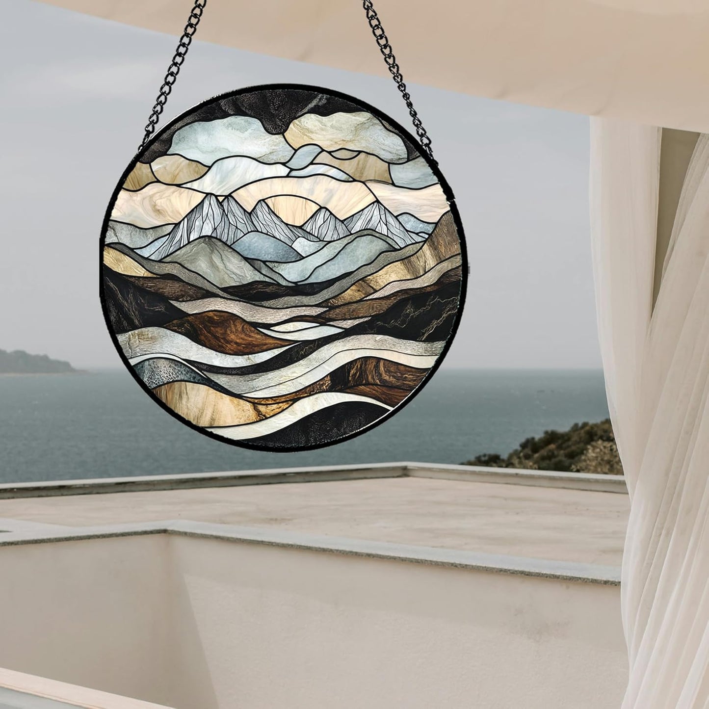 Stained Glass Window Hanging - Grey Mountains Landscape Suncatcher for Doors Garden Patio Retro Sun Catchers Decor Christmas Mother's Day Birthday Gifts for Women Men Mom Nana Friend 9.8 in