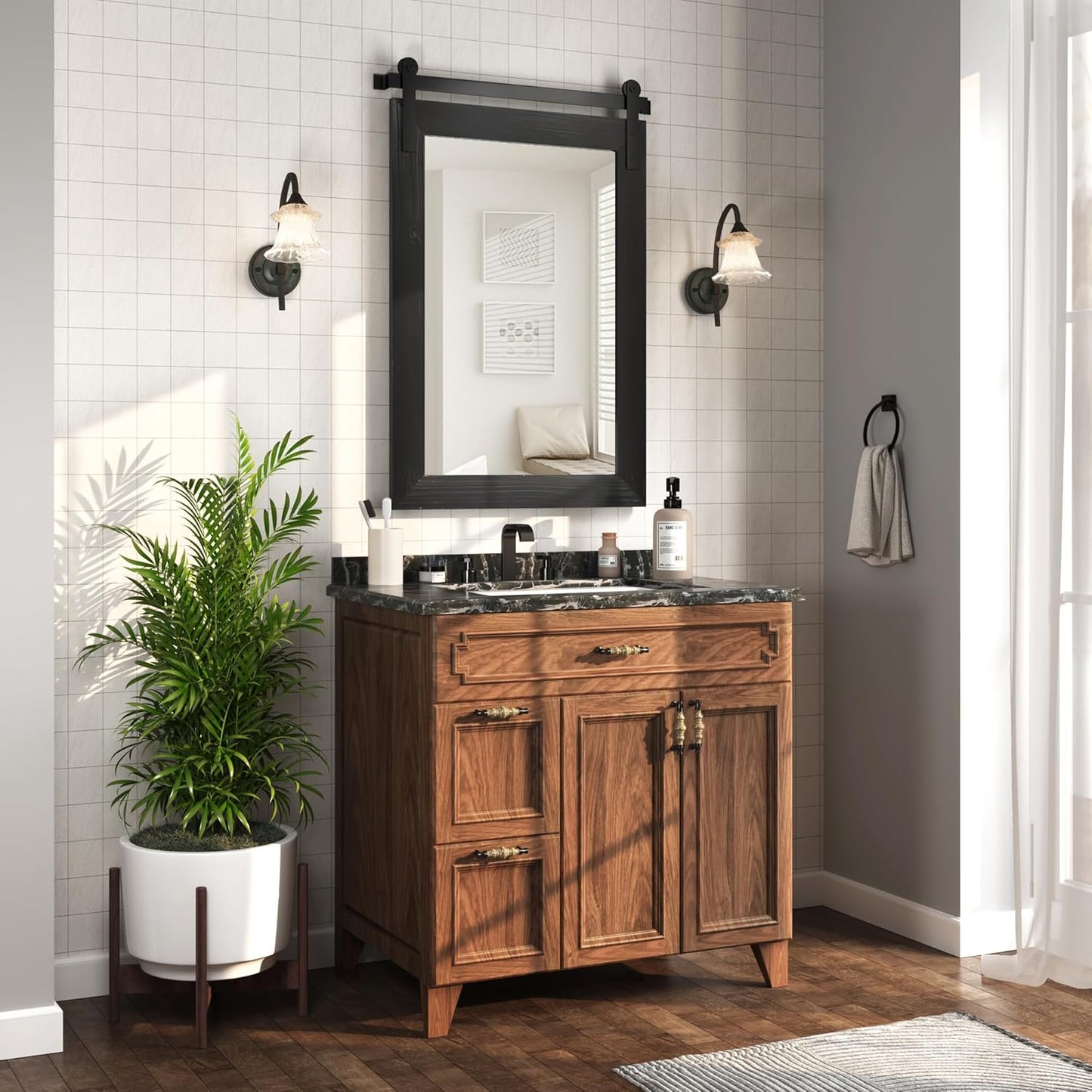 COGOOD Farmhouse Barn Door Mirror - 38 X 25 Rustic Bathroom Mirror for Living Room, Entryway, Vanity Wall Decor (Black)