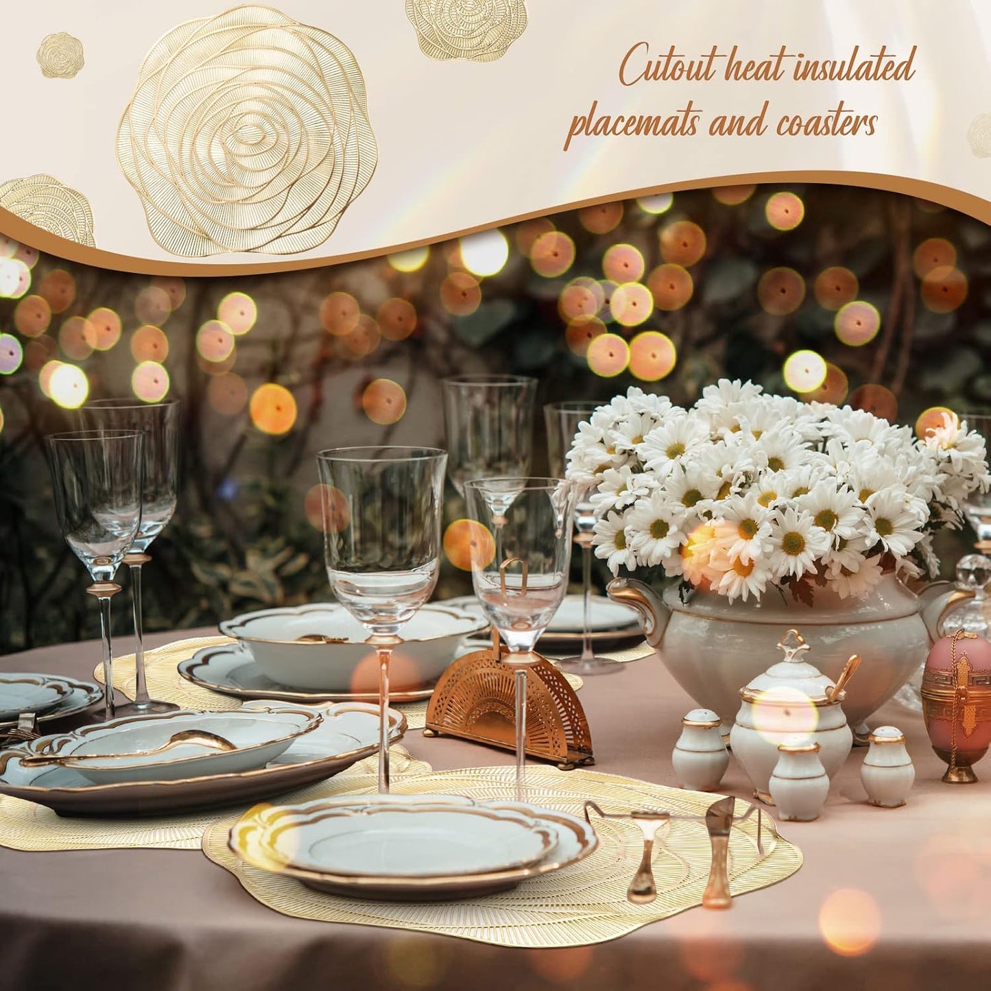 Sieral 48 Set 15 Inch Round Pressed Vinyl Placemats Hollow Out Rose Placemat Set Metallic Slip Resistant Place Mat Coaster Including Place Mats and Coasters for Wedding Dining Kitchen (Gold)