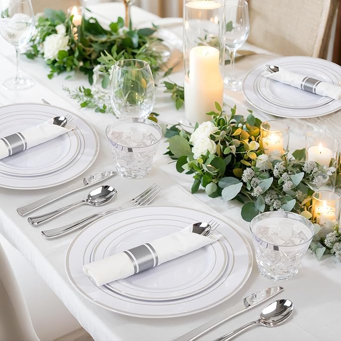 WELLIFE 350Pcs Silver Plastic Plates for 50 Guests - Disposable Dinnerware Set, Christmas Party Supplies Includes 100 Silver plates,150 Silverware,50 Napkins,50 Cups,Christmas Plates Disposable
