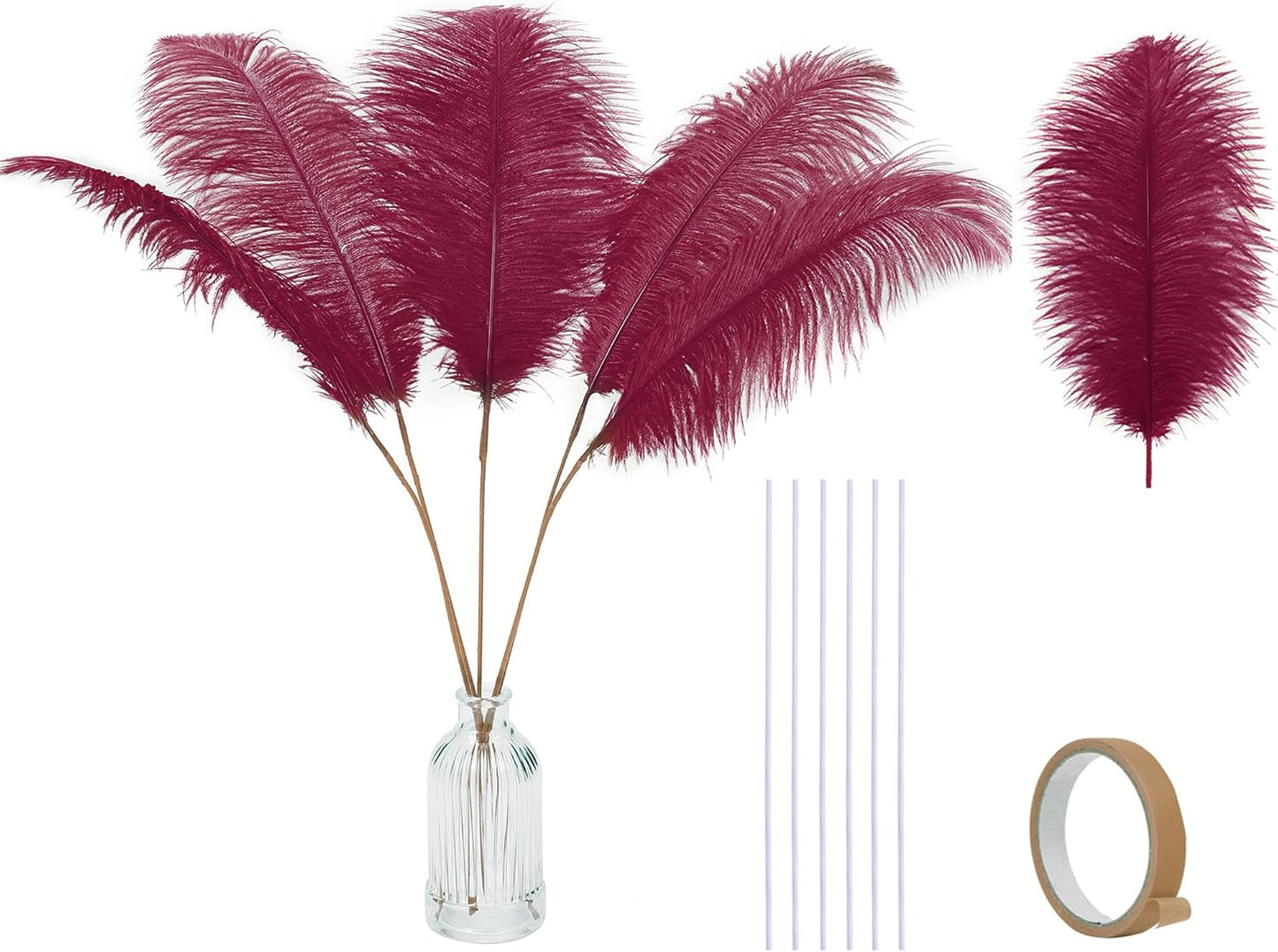 Holmgren Burgundy Ostrich Feathers Bulk - 20pcs Making Kit 22 Inch Wine Red Ostrich Feathers for Vase, Floral Arrangement, Wedding Party Centerpieces and Christmas Home Decorations