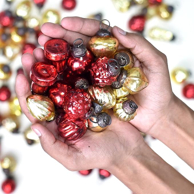 IndianShelf 50 Pieces Red & Gold Glass Vintage Christmas Ornaments Mini Bulk Decorative Ornaments for Halloween, Christmas Tree, New Year, Valentine Day, Holidays, Event and Wedding (25 * 2 Boxes)
