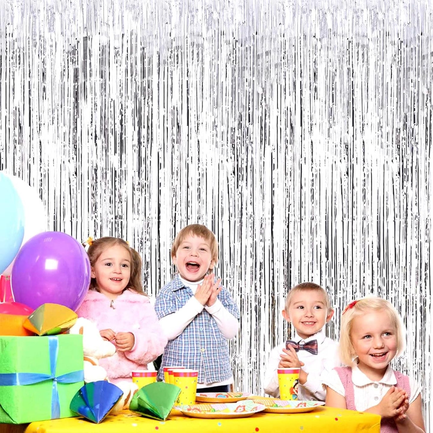 4 Pack Silver Foil Fringe Curtain Backdrop, 3.28Ft x 9.84Ft Metallic Tinsel Streamers Curtains for Party, Photo Booth Props, Birthday, 2022 Graduation Decoration Supplies