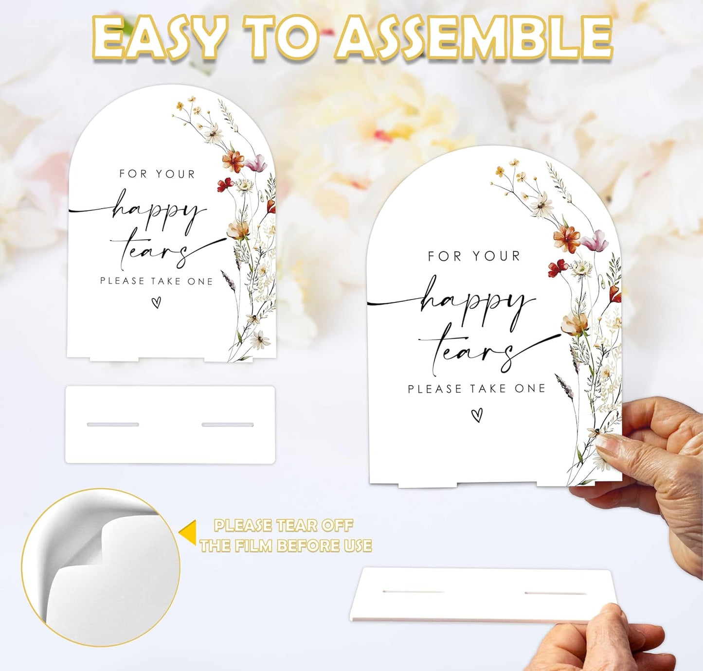 Boho Floral Happy Tears Tissue Sign, 6 x 8 Inch White Arch Acrylic Wedding Sign with Holder, Wedding Sign for Ceremony and Reception, Wedding Decoration, Wedding Supplies - BX25