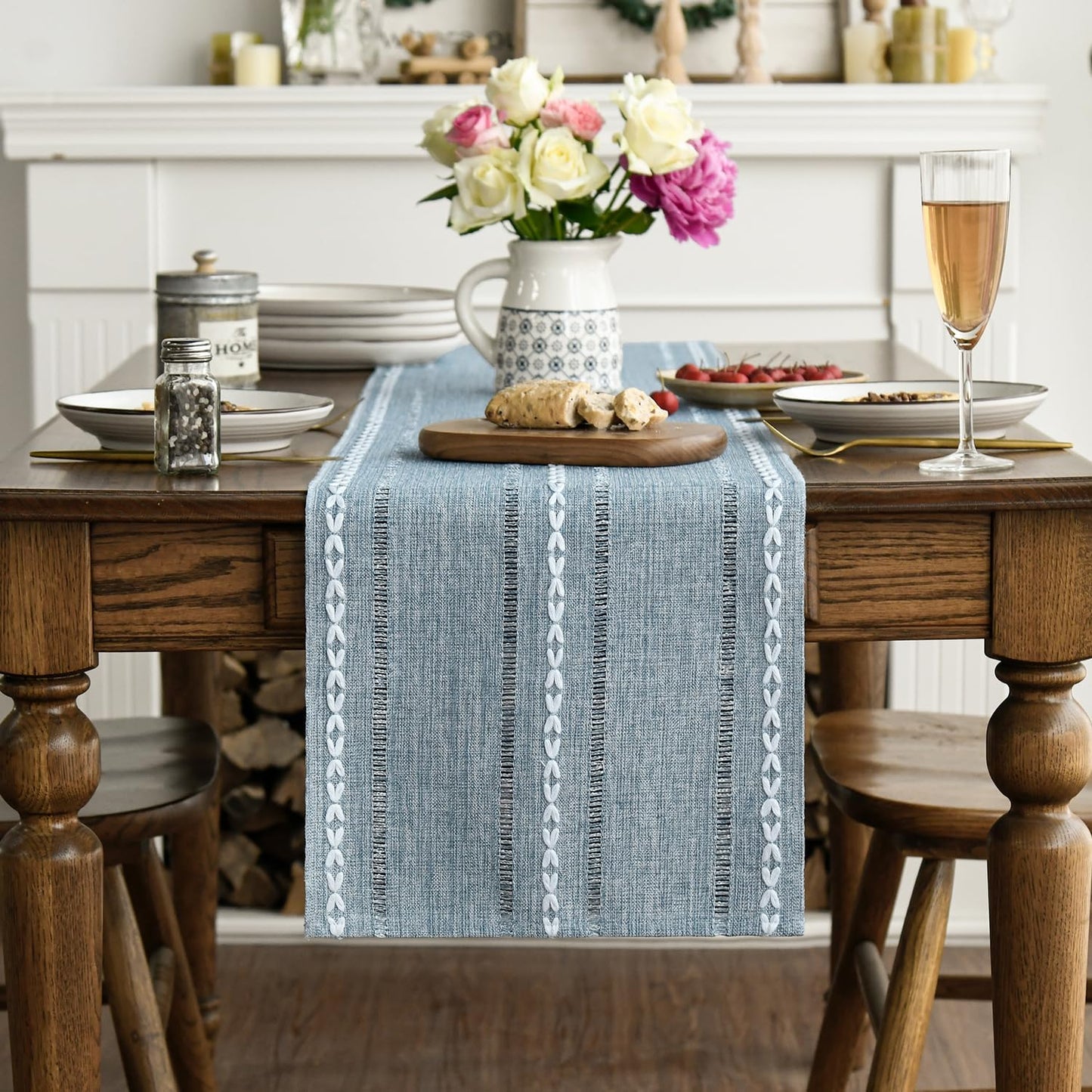 Artoid Mode Dusty Blue Cotton Linen Table Runner, Seasonal Rustic Embroidered Hollow Kitchen Dining Table Decoration for Home Party Decor 13x60 Inch