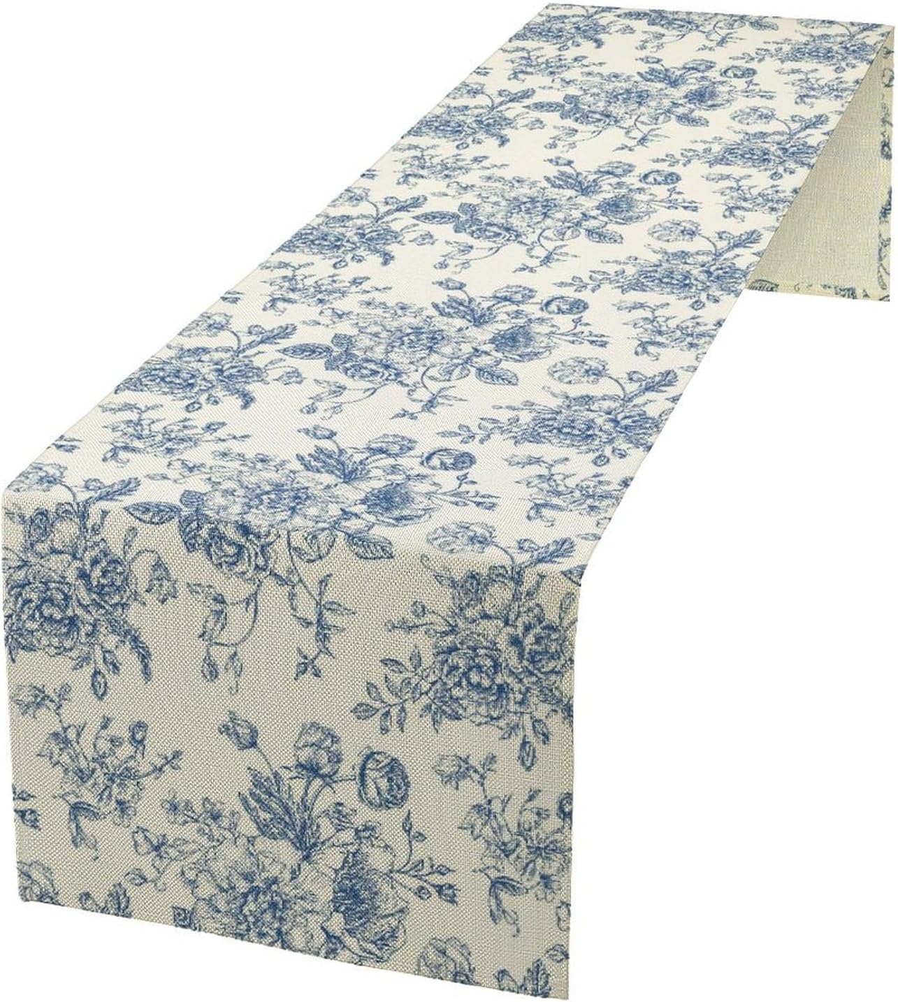 Floral Table Runner, Retro Blue Flower Chinoiserie Sketch Pattern Print Table Runner for Kitchen Dinning Table Runner Decor Home Wedding Party Holiday, 13x120 Inch