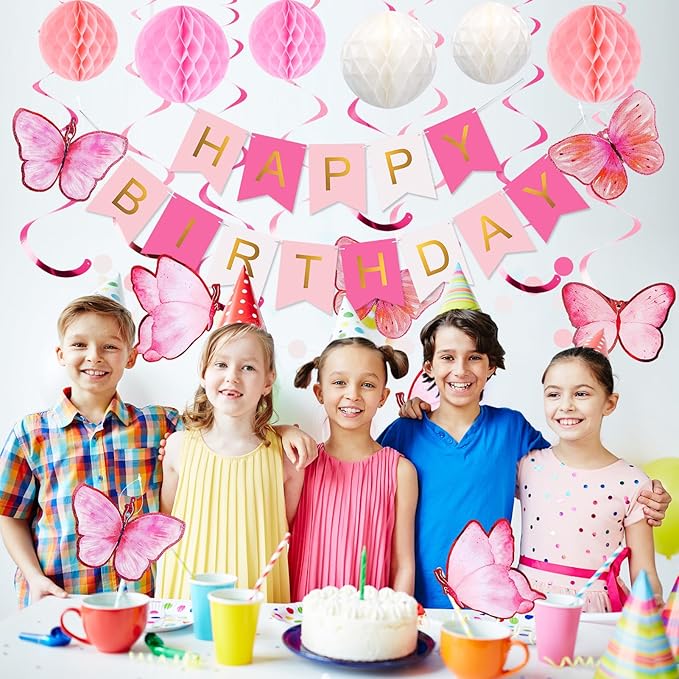 meowtastic Birthday Decorations, Happy Birthday Banner with Honeycomb Balls, Butterfly Hanging Swirl Streamers, Circle Dots Garland, Happy Birthday Party Decorations for Women Girls (Pink & White)