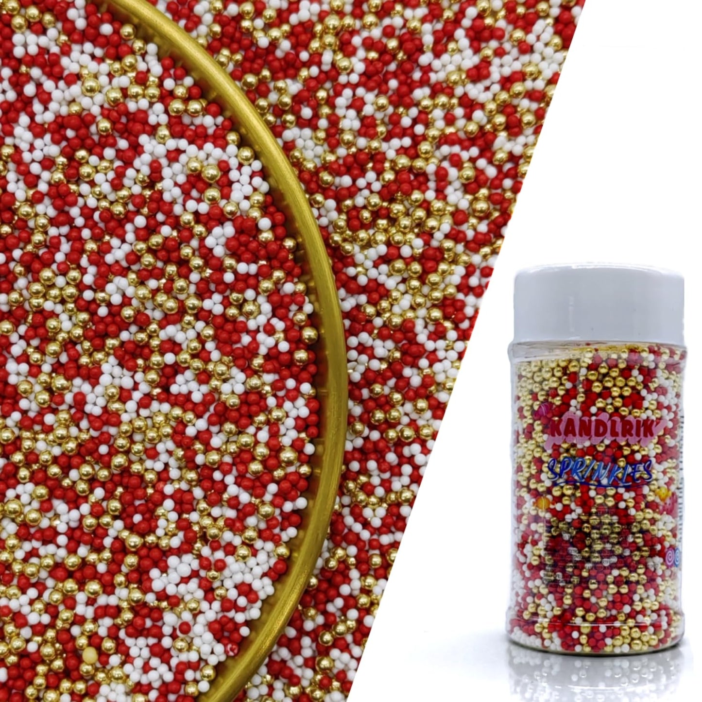 Edible Red & White & Super Gold Pearl Sugar Sprinkles Candy 2mm Mini Pearls Cake Decorations Cupcake Toppers Cookie Decorating Perfect for Wedding Party Valentine Halloween Christmas Supplies 3OZ