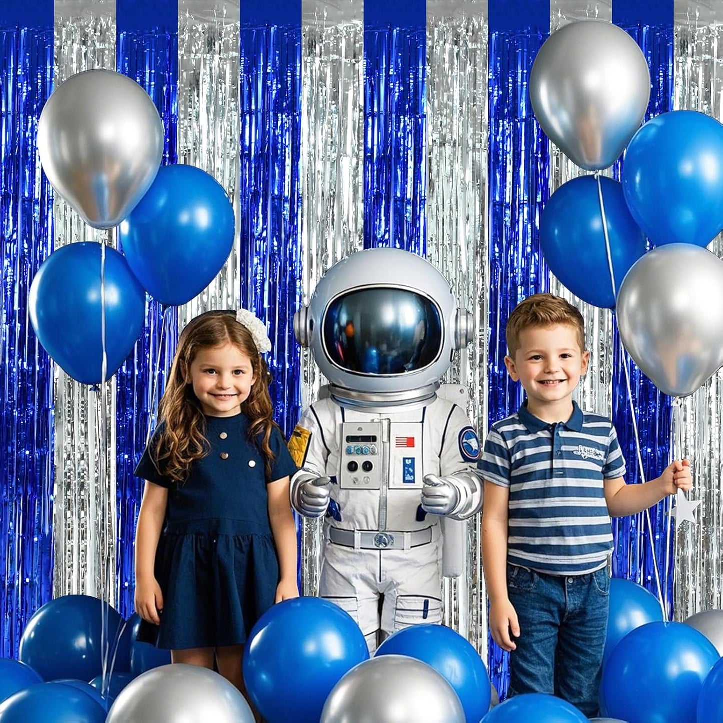 BEISHIDA 2Pcs Blue Silver Door Streamers Congrats Grade 2025 Decoration Backdrop Foil Fringe Tinsel Party Streamers Curtains for Birthday Graduation Winter Party Decoations (3.28 ft x 6.56 ft)