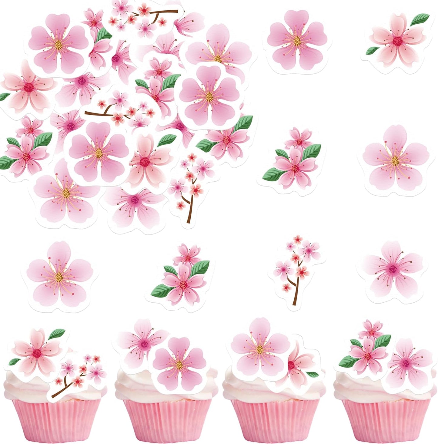 48PCS Edible Cherry Blossoms Cupcake Toppers Pink Edible Cherry Flowers Cake Decorations Wafer Paper Flowers Cupcake Topper for Flowers Theme Baby Shower Birthday Party Decor Supplies