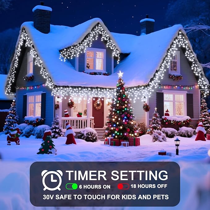 66 Ft Ice Lights for Outside, 640 LED Christmas Lights Outdoor Plug in, Christmas String Lights with 8 Modes & Timer for Holiday, Party, Wedding, House, Patio, Outdoor Decor(Cool White)