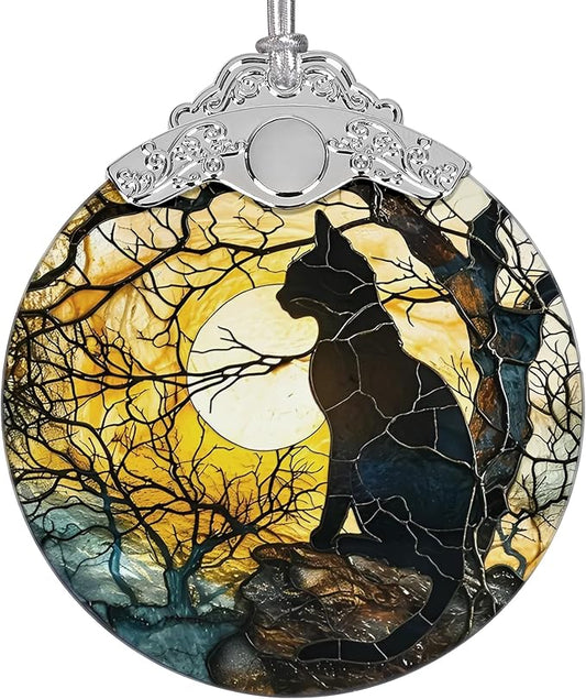2025 Ornaments for Christmas Tree, Zmoicky Stained Glass Hanging Ornament, Christmas Ornaments Clearance, Gift Exchange Ornament, Bauble Present - Moonlight Black Cat
