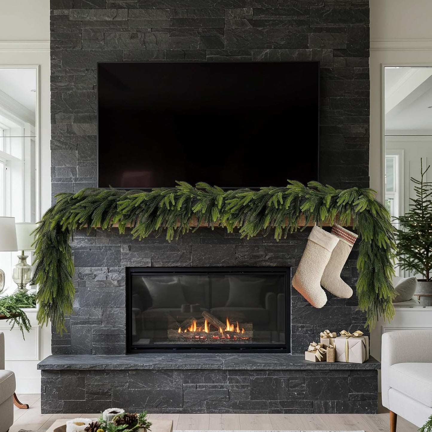 N&T NIETING 6FT Christmas Norfolk Pine Garland Real Touch Pine Artificial Garlands Faux Greenery Garland Winter Christmas Garland for Table Mantle Holiday Indoor Outdoor Xmas Decorations (4 Pcs)