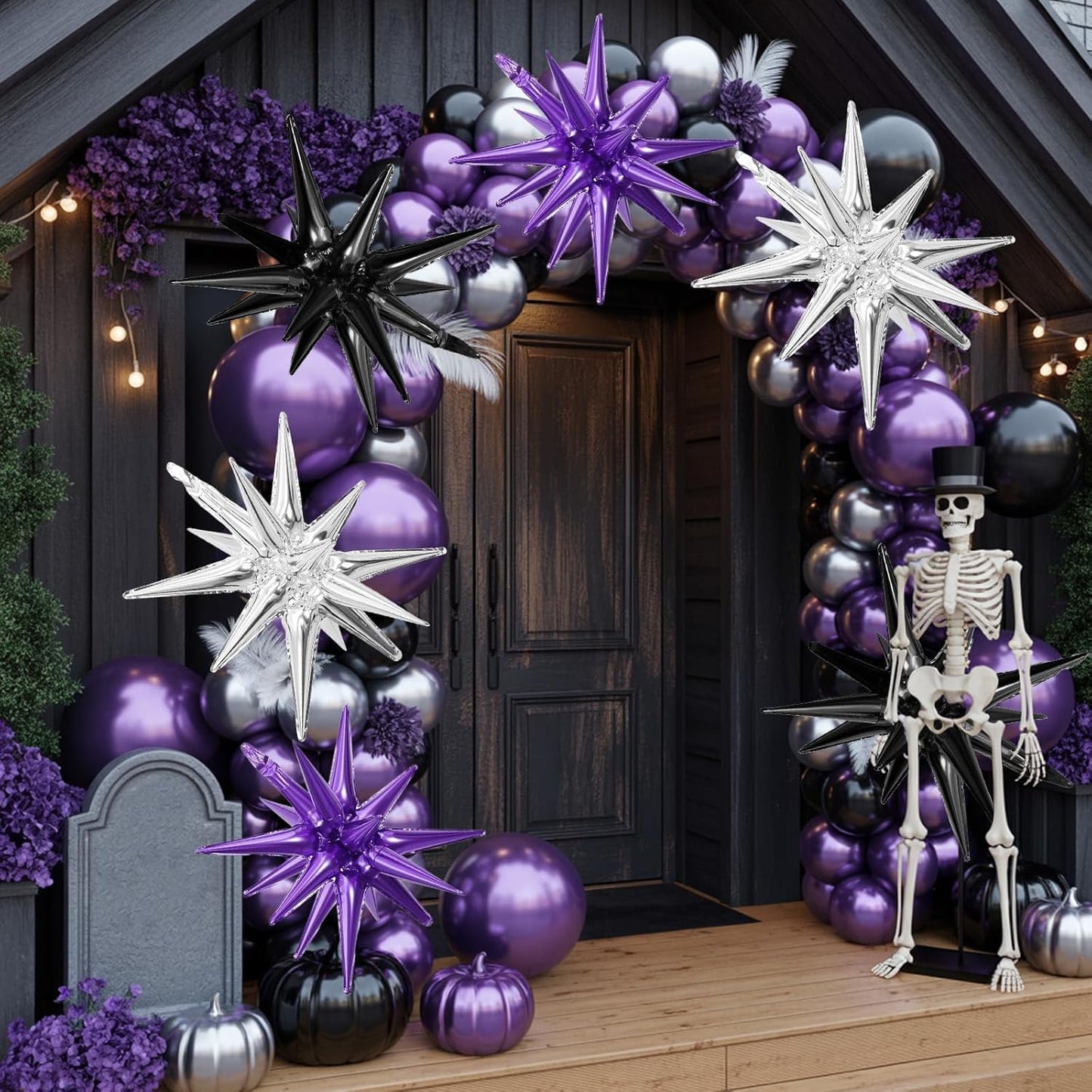 Black Purple Silver Star Balloons,9Pcs 22Inch Black Silver Purple Explosion Spike Cone Helium Polyester Film Star Foil Balloons for Birthday Halloween Anniversary Baby Shower Party Decorations