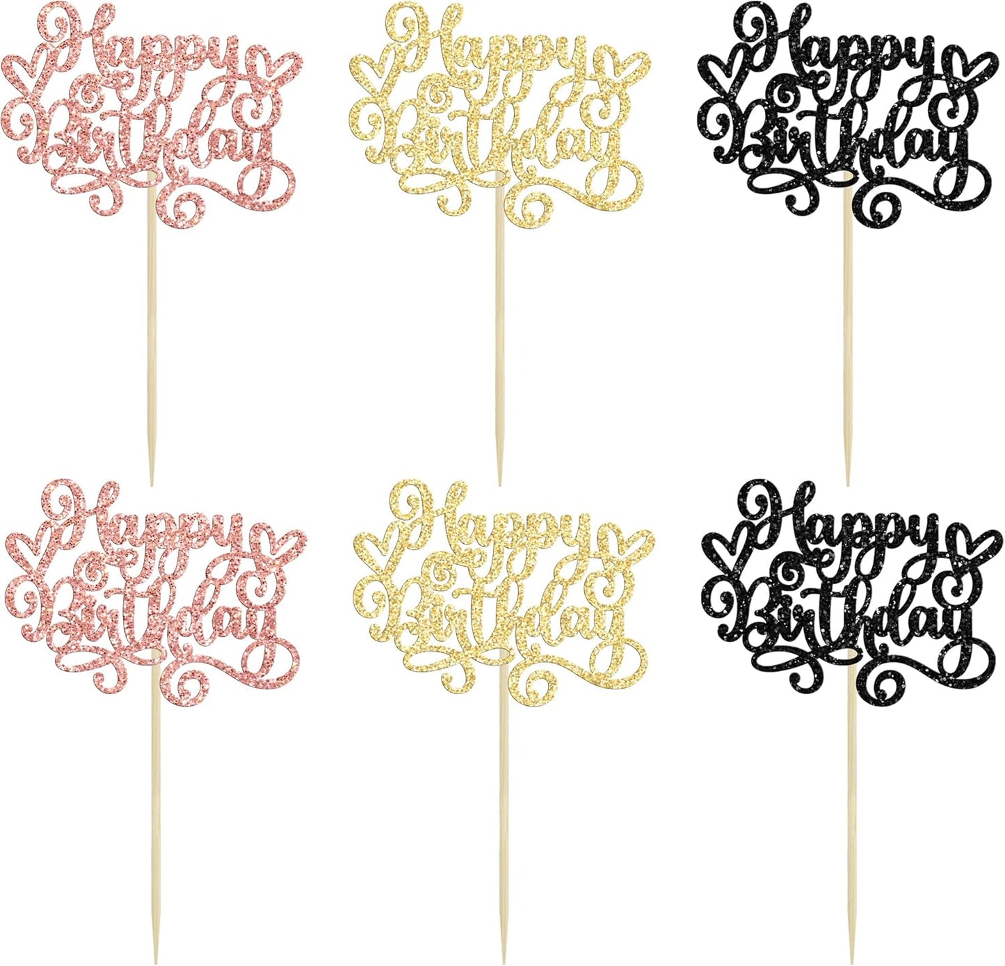 Gyufise 24Pcs Happy Birthday Cupcake Toppers Glitter Happy Birthday Cupcake Picks for Celebrating Happy Birthday Party Decor Anniversary Theme Party Cake Decorations Supplies Black Gold Rose Gold
