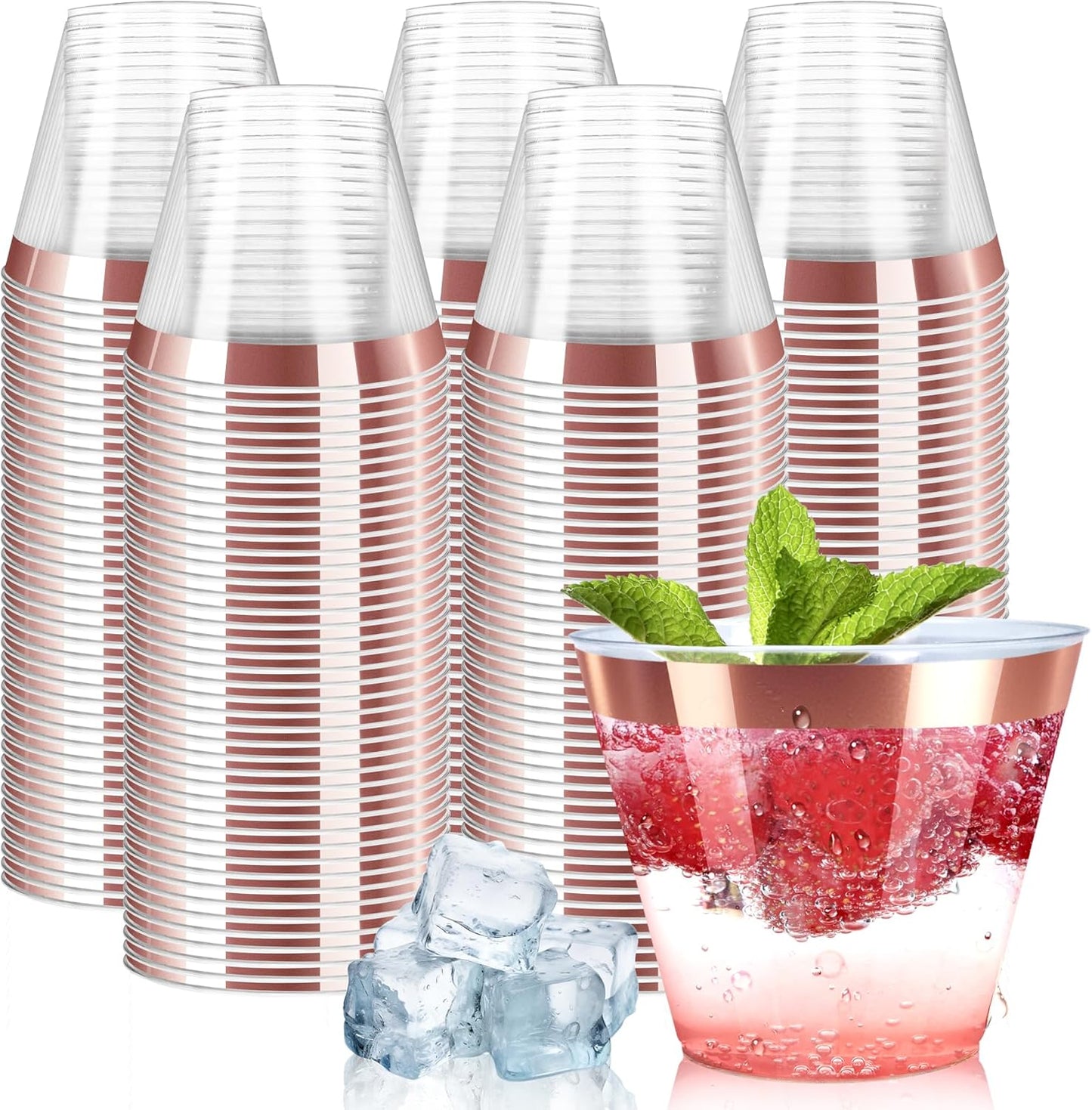 [200 Pack] 9oz Clear Plastic Cups with Rose Gold Rimmed Sturdy & Food Safe Disposable Wine Glasses Party Wedding Disposable Drinking Cups Plastic Cocktail Glasses for Wine, Juice & Cold Beverages