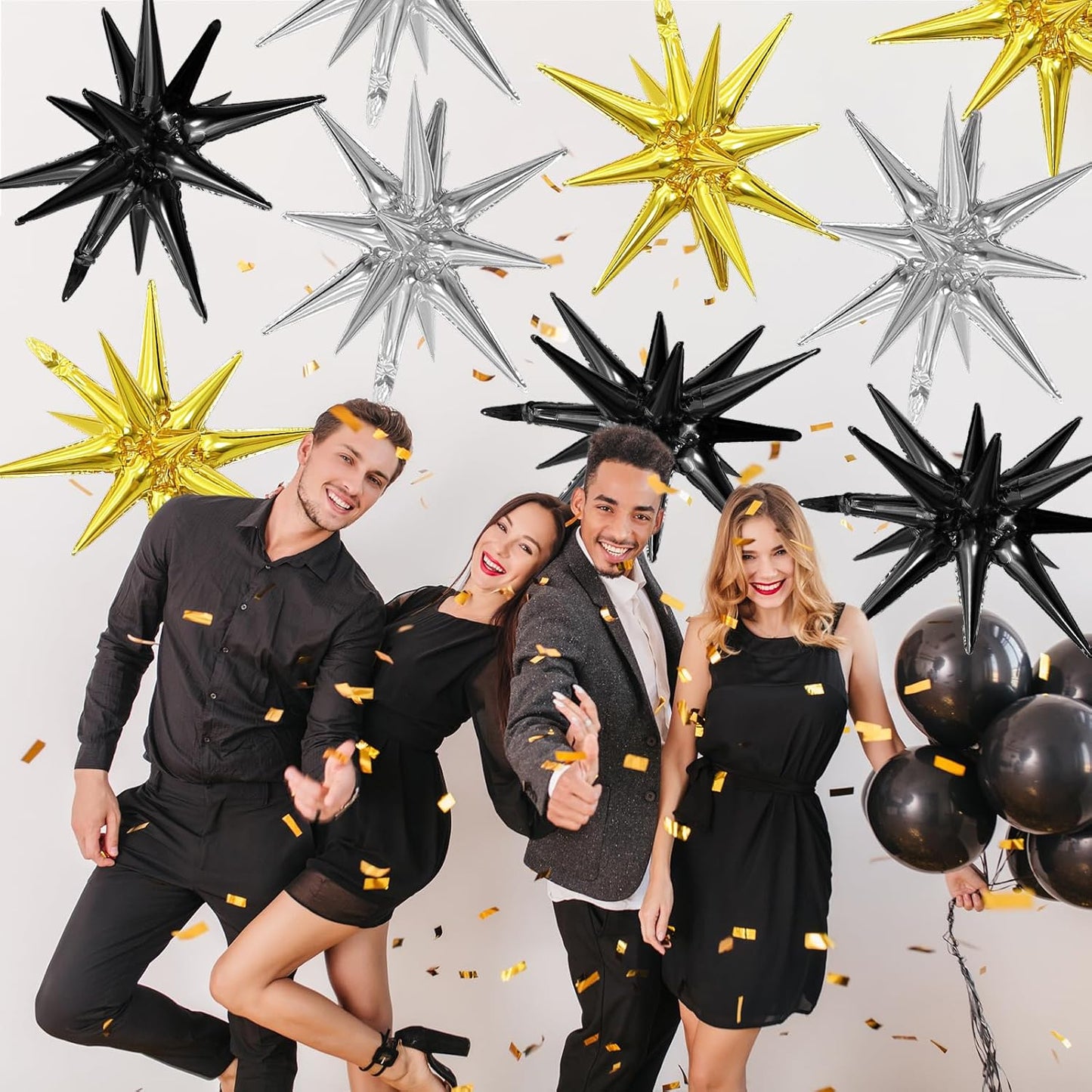 Black Gold Silver Star Balloons,9Pcs 22Inch Black Silver Gold Explosion Spike Cone Helium Polyester Film Star Foil Balloons for Birthday Anniversary Baby Shower Disco Party Decorations